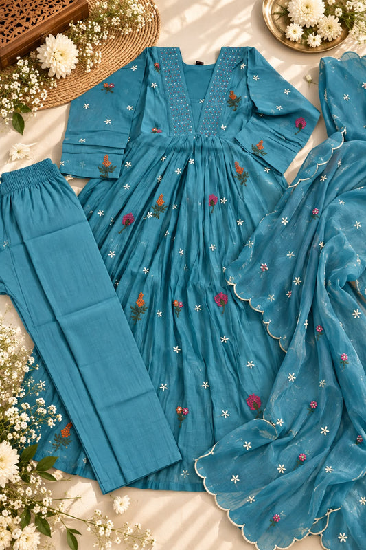 Azure Bloom Mul Chanderi Anarkali Salwar Set
