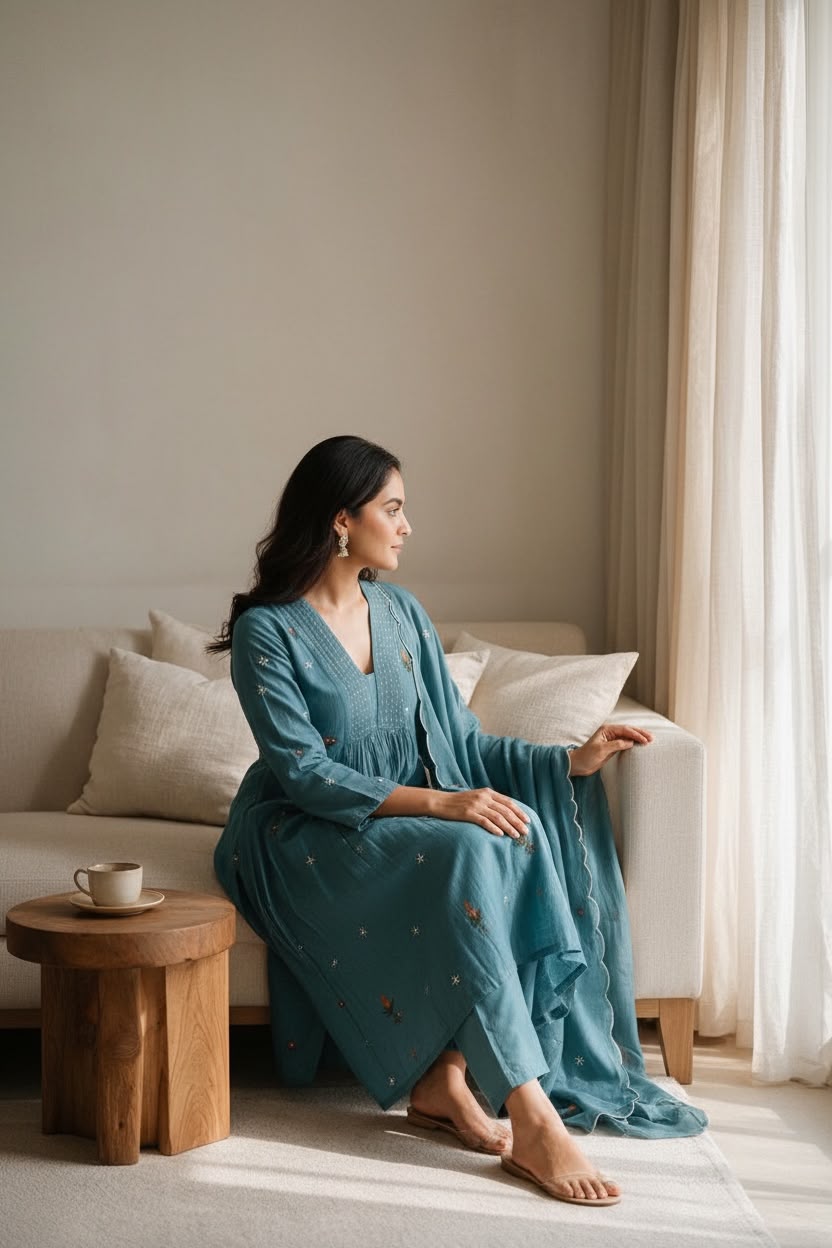 Azure Bloom Mul Chanderi Anarkali Salwar Set