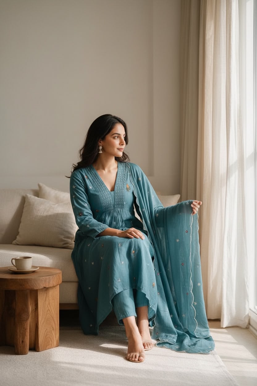 Azure Bloom Mul Chanderi Anarkali Salwar Set