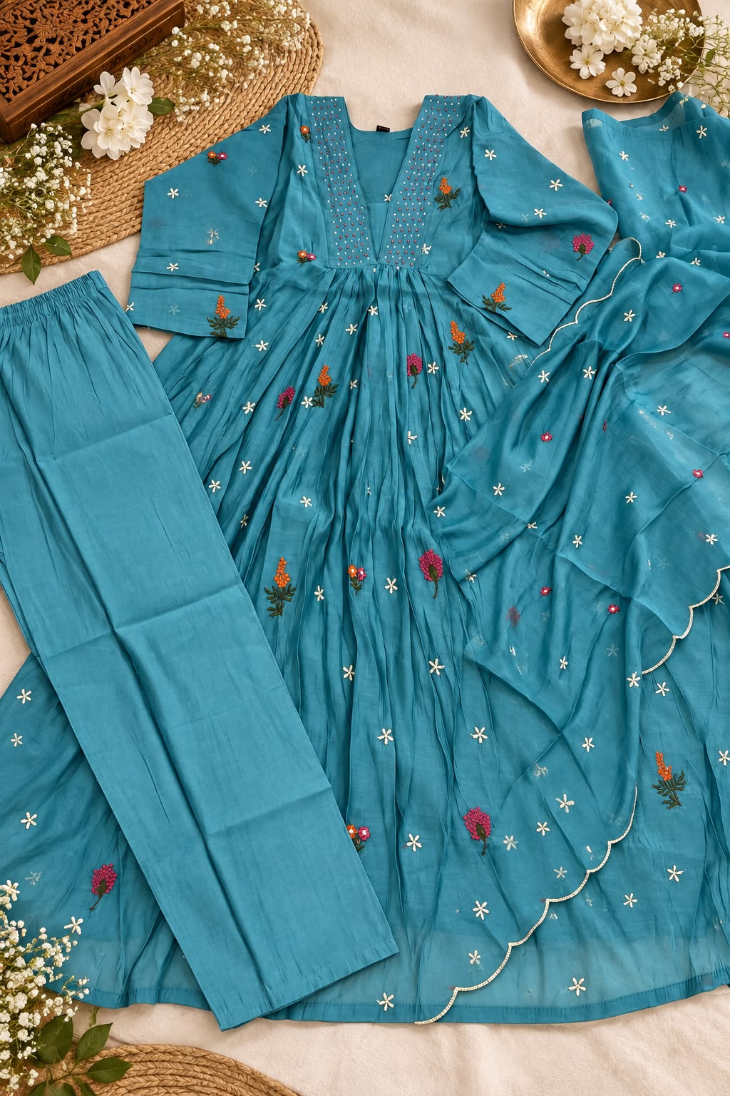 Azure Bloom Mul Chanderi Anarkali Salwar Set