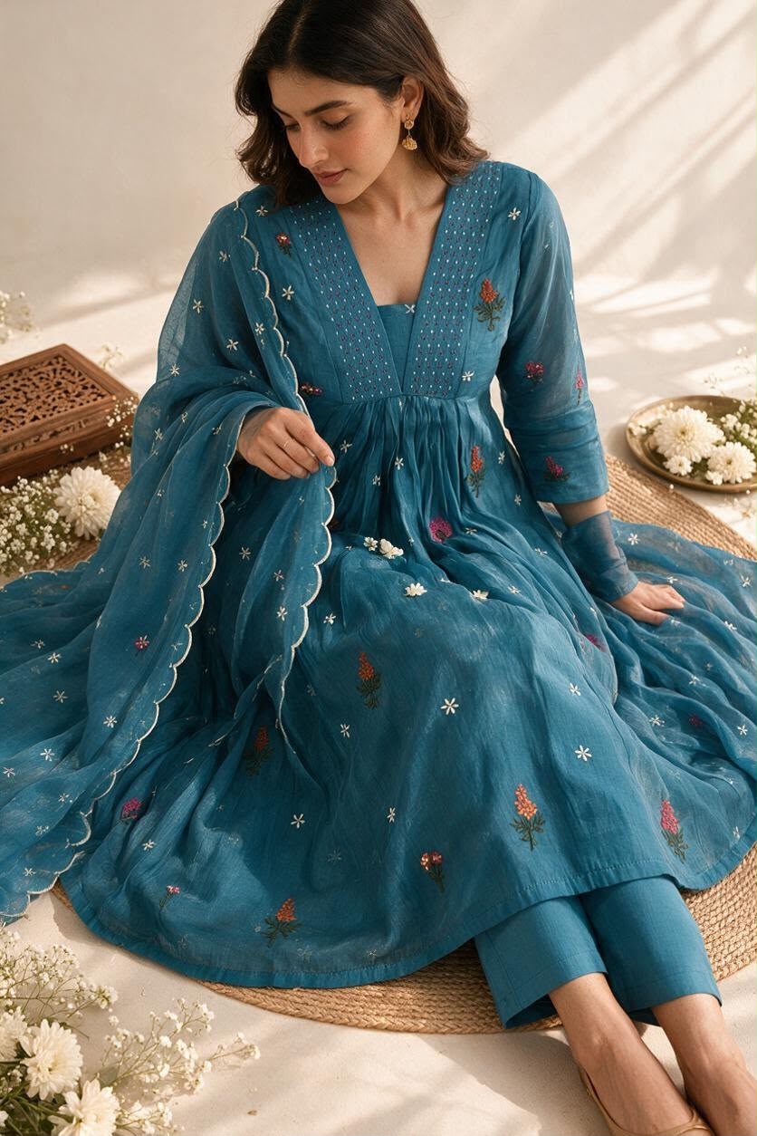 Azure Bloom Mul Chanderi Anarkali Salwar Set