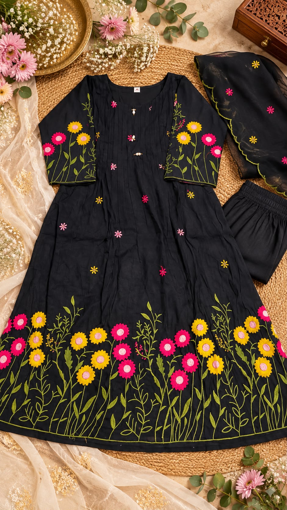 Midnight Garden Mul Chanderi A-Line Salwar Set 🖤✨