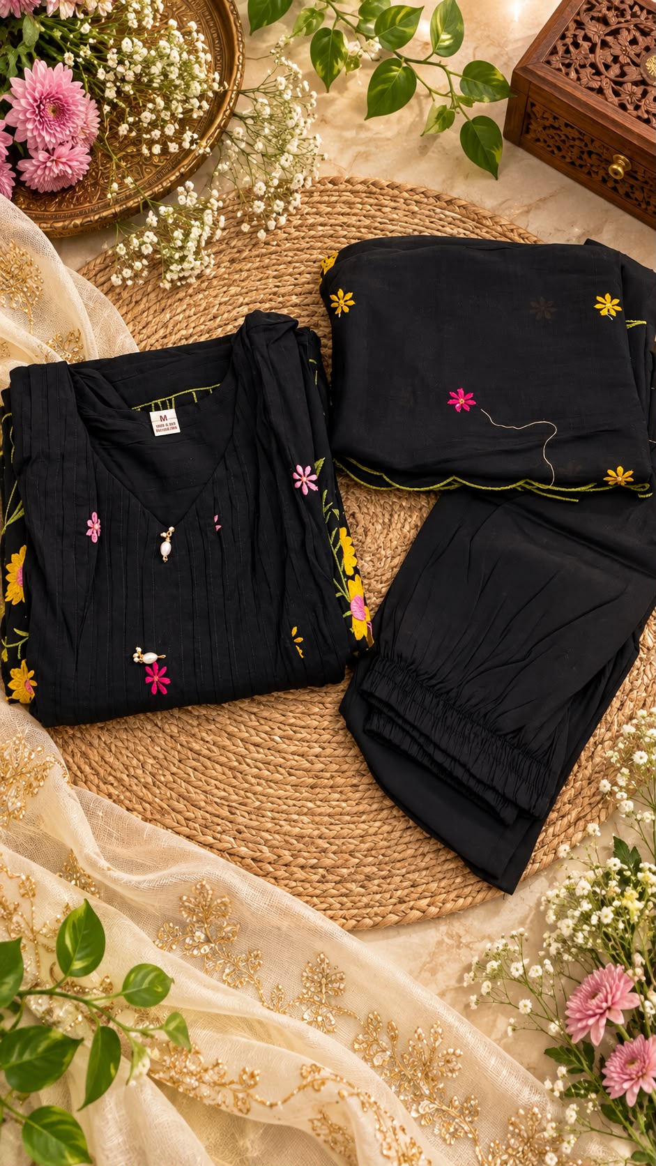 Midnight Garden Mul Chanderi A-Line Salwar Set 🖤✨