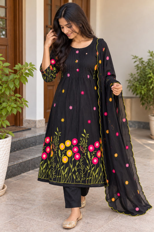 Midnight Garden Mul Chanderi A-Line Salwar Set 🖤✨