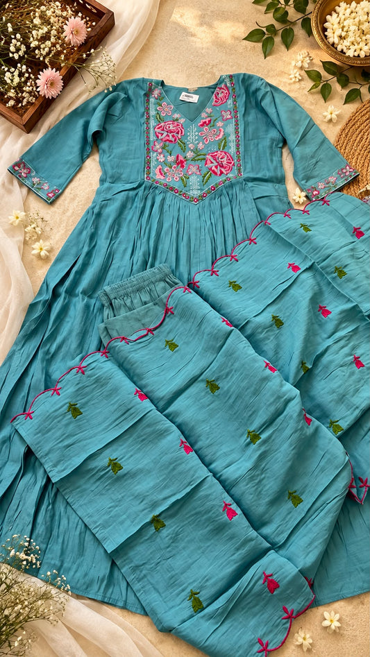 Aqua Rose Garden Mul Chanderi Anarkali Set