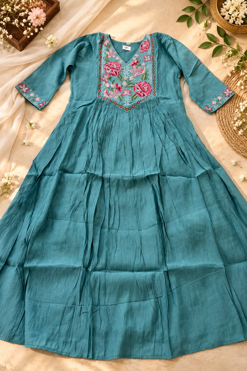 Aqua Rose Garden Mul Chanderi Anarkali Set