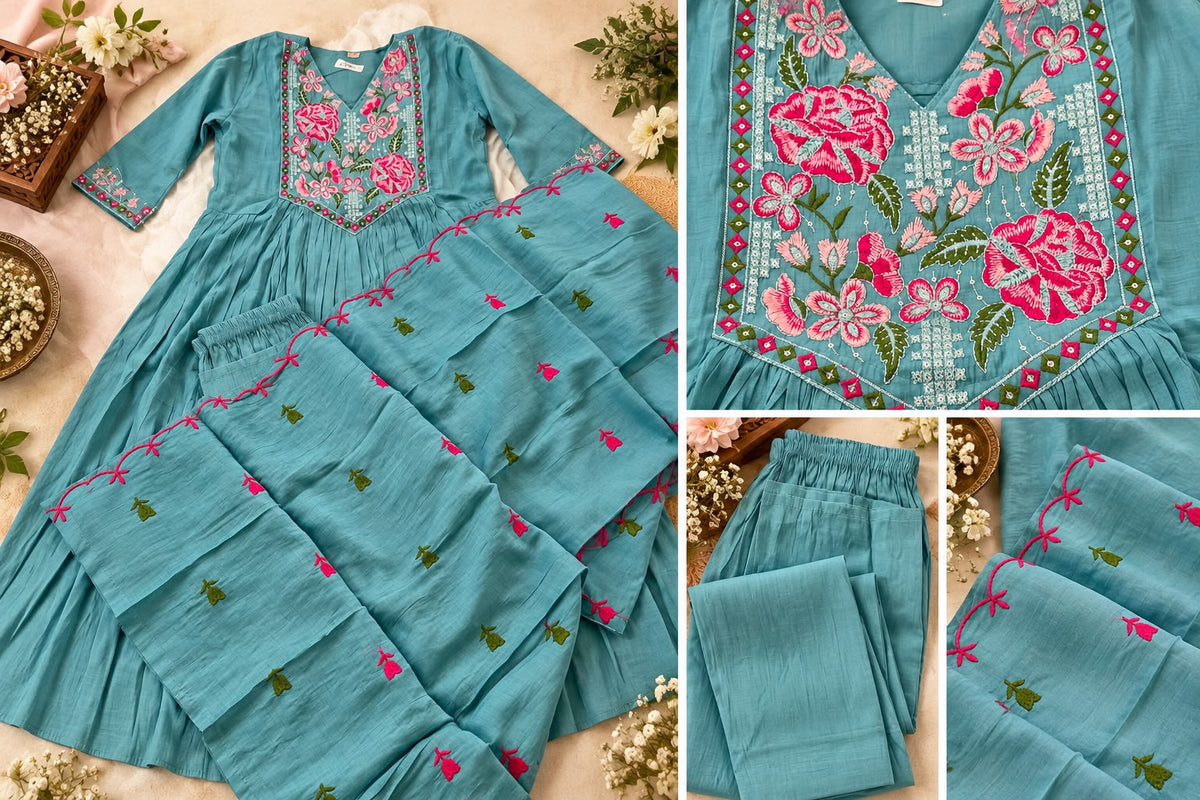Aqua Rose Garden Mul Chanderi Anarkali Set