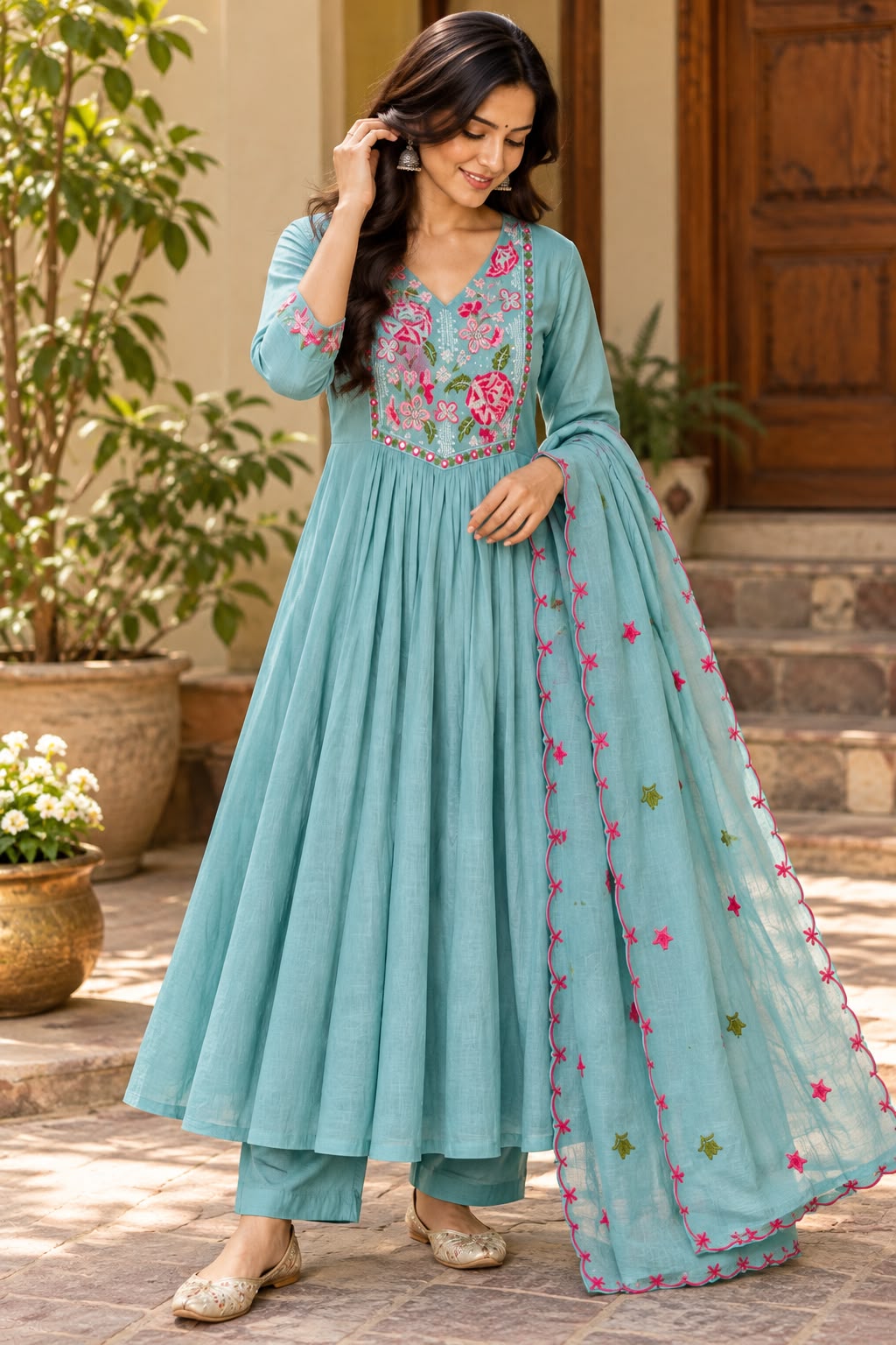 Aqua Rose Garden Mul Chanderi Anarkali Set