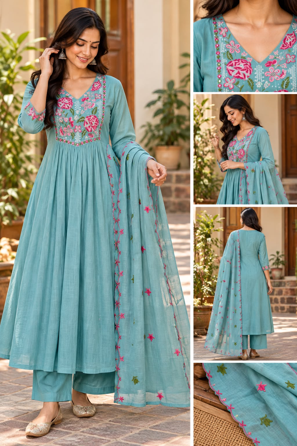 Aqua Rose Garden Mul Chanderi Anarkali Set