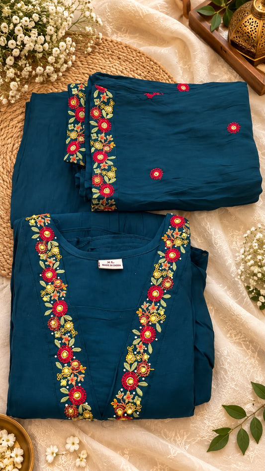 Teal Floral Elegance Mul Chanderi A-Line Set