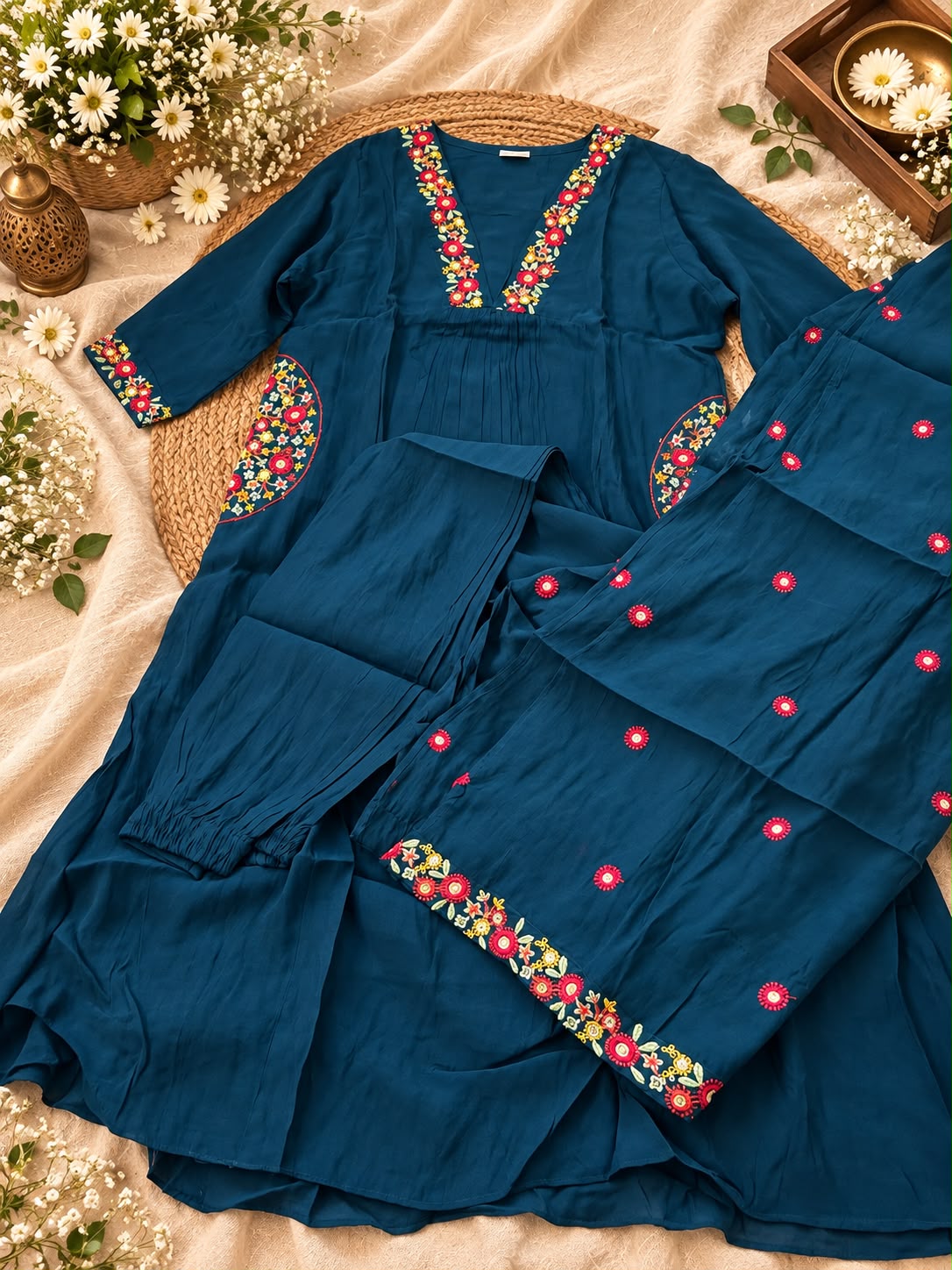 Teal Floral Elegance Mul Chanderi A-Line Set