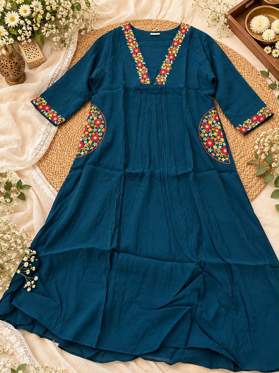 Teal Floral Elegance Mul Chanderi A-Line Set