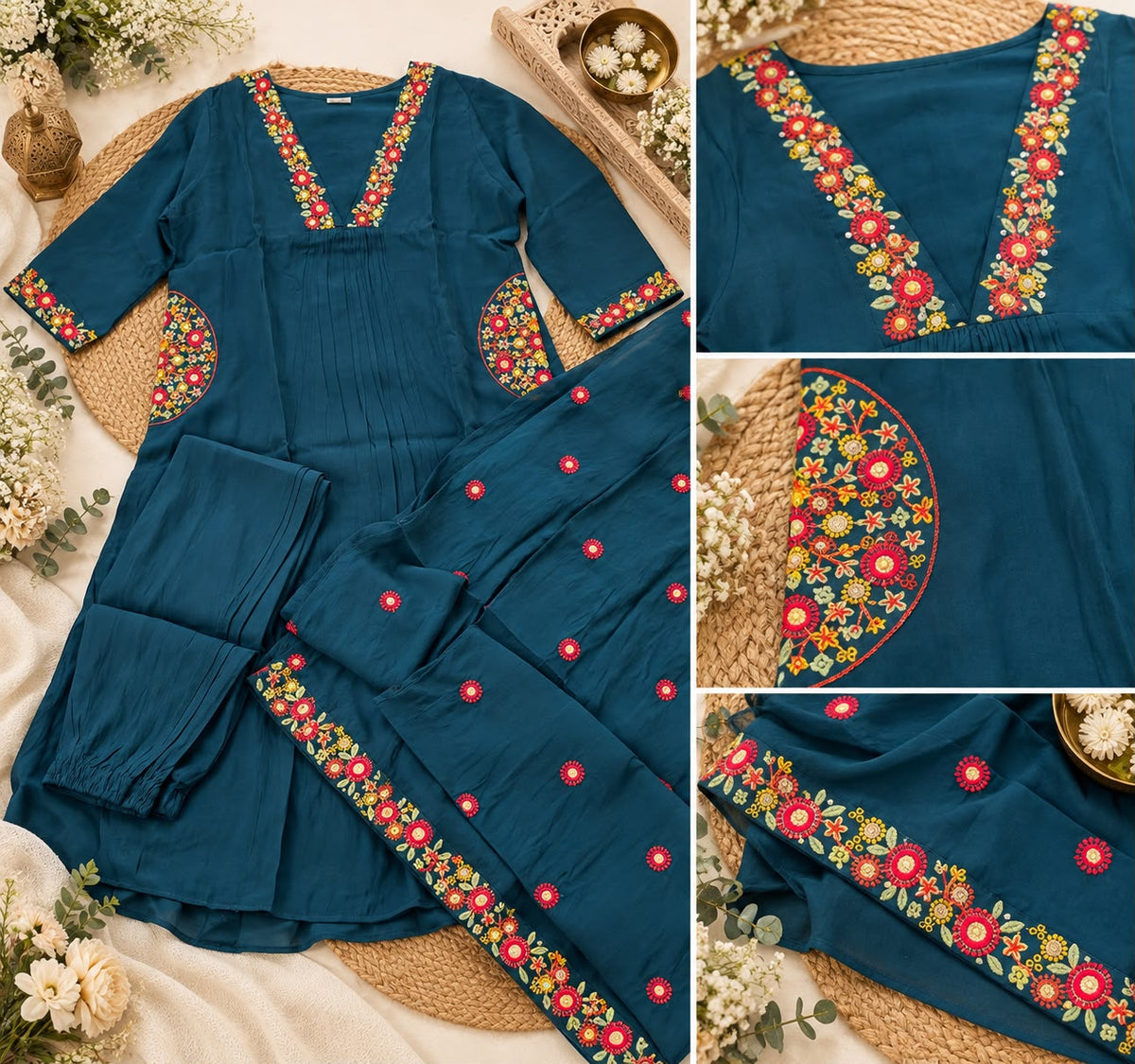 Teal Floral Elegance Mul Chanderi A-Line Set
