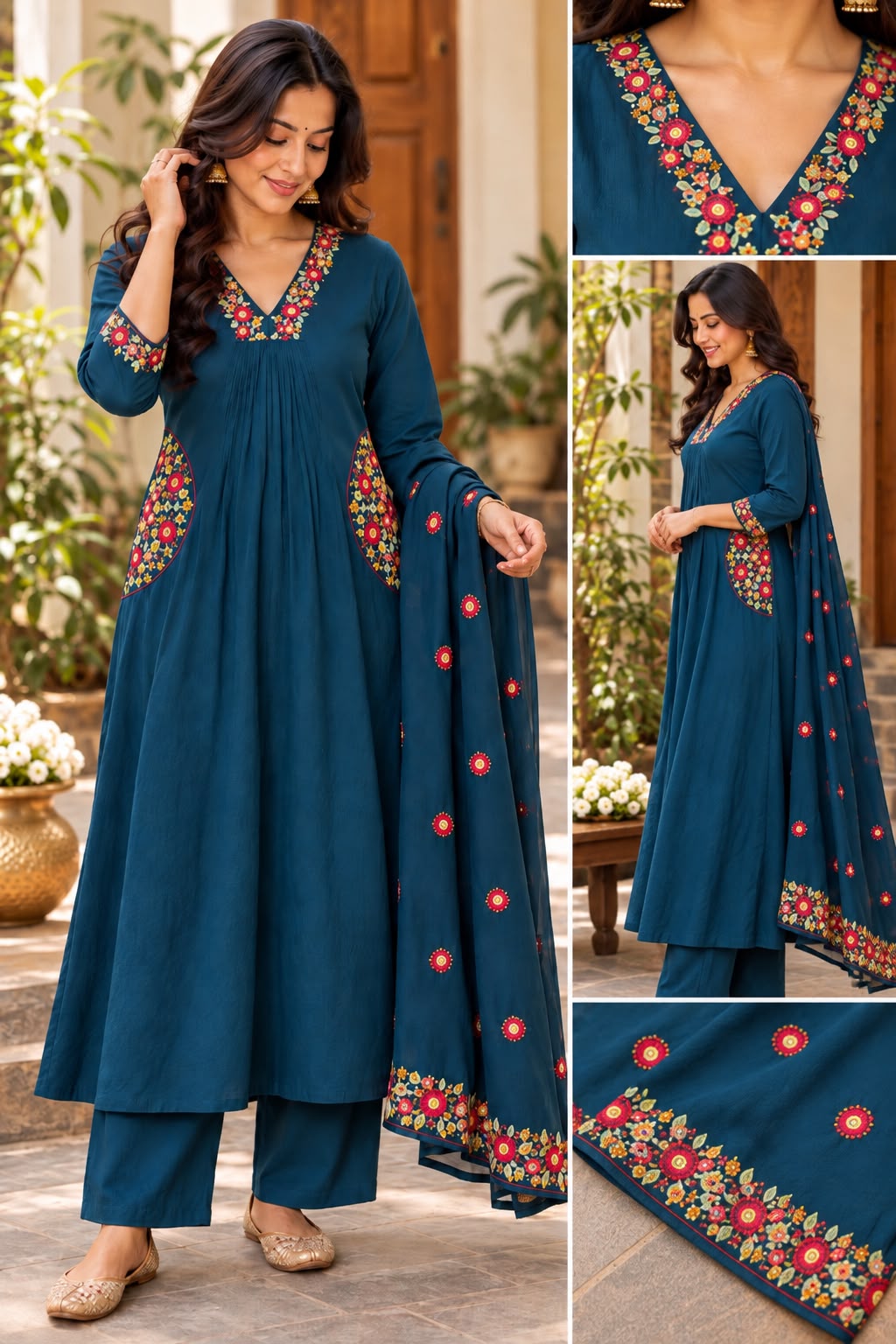 Teal Floral Elegance Mul Chanderi A-Line Set