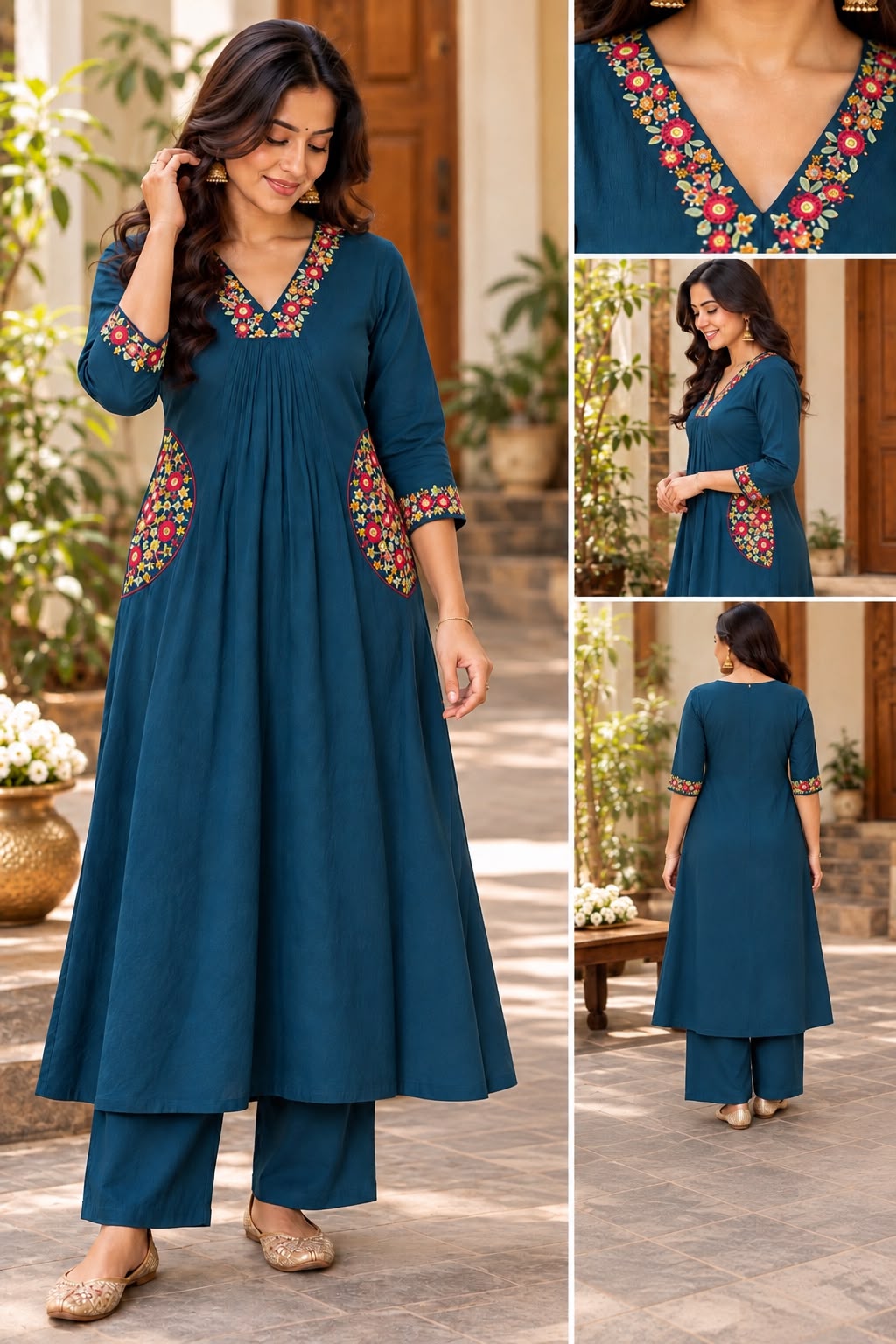 Teal Floral Elegance Mul Chanderi A-Line Set