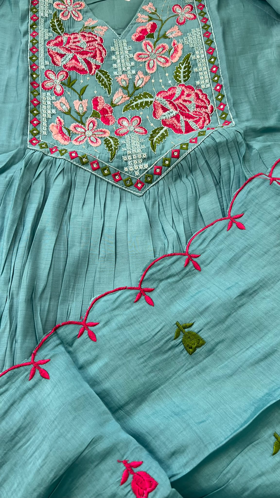 Aqua Rose Garden Mul Chanderi Anarkali Set