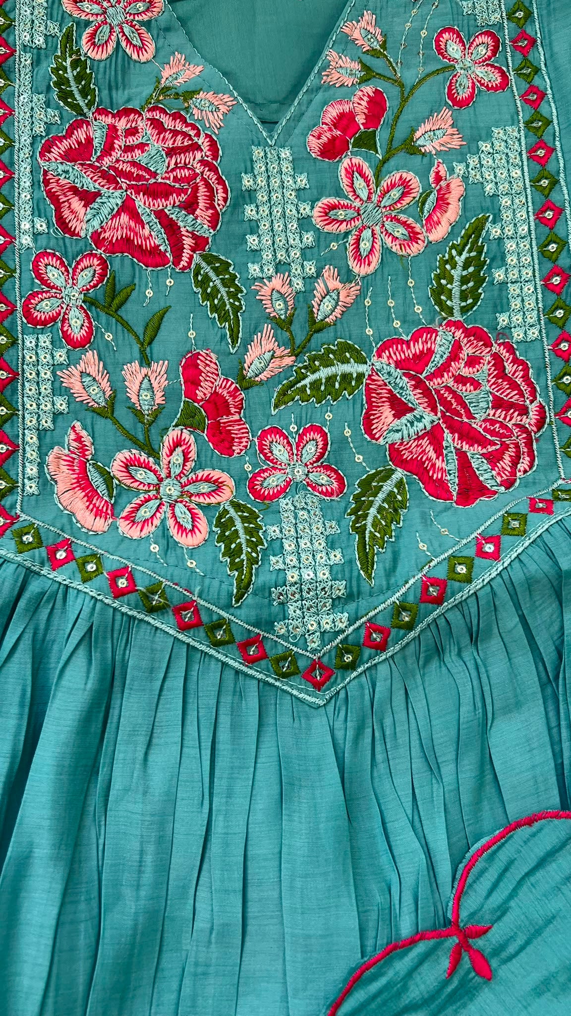 Aqua Rose Garden Mul Chanderi Anarkali Set