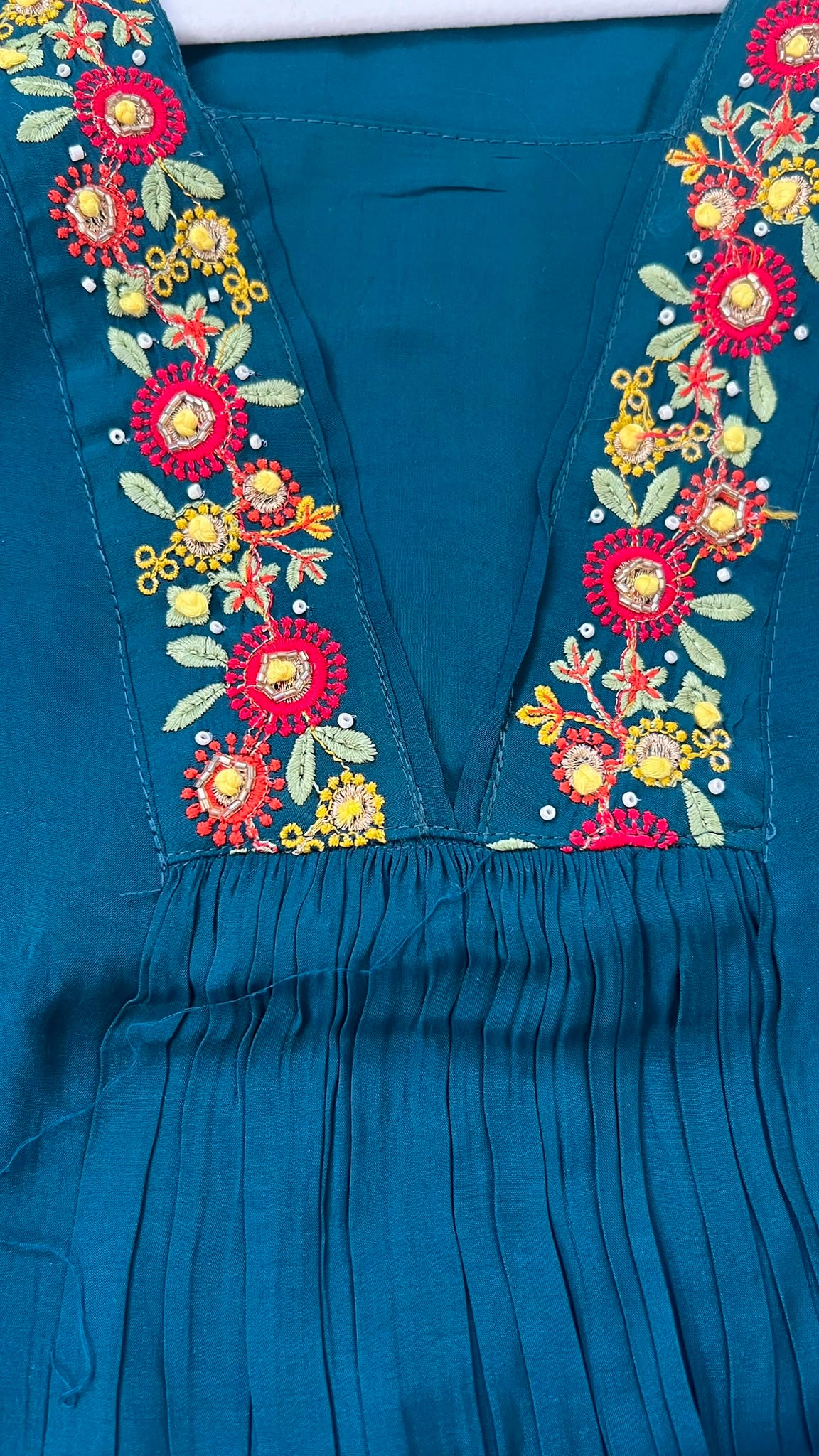 Teal Floral Elegance Mul Chanderi A-Line Set