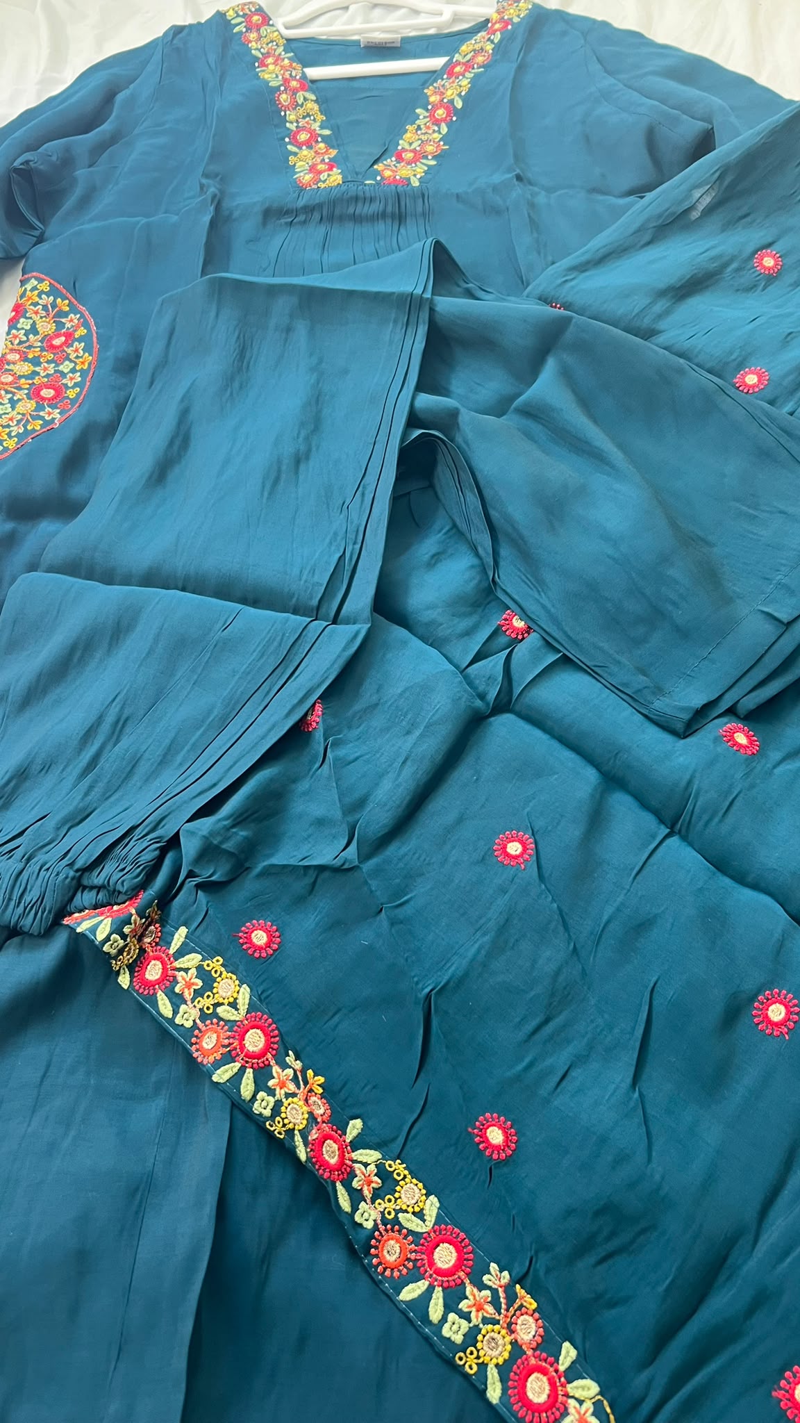 Teal Floral Elegance Mul Chanderi A-Line Set
