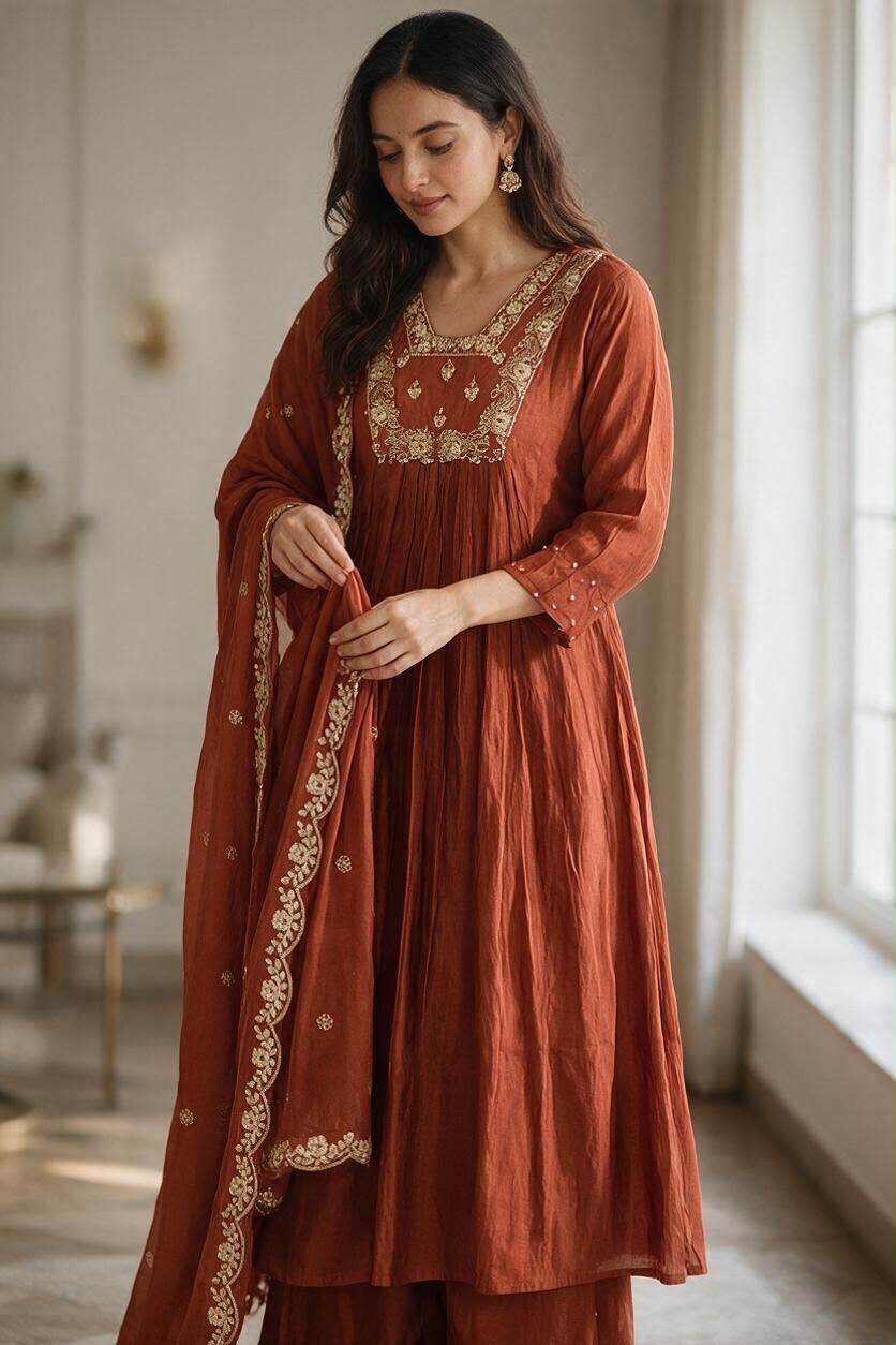 Regal Grace Mul Chanderi A-Line Kurti Set