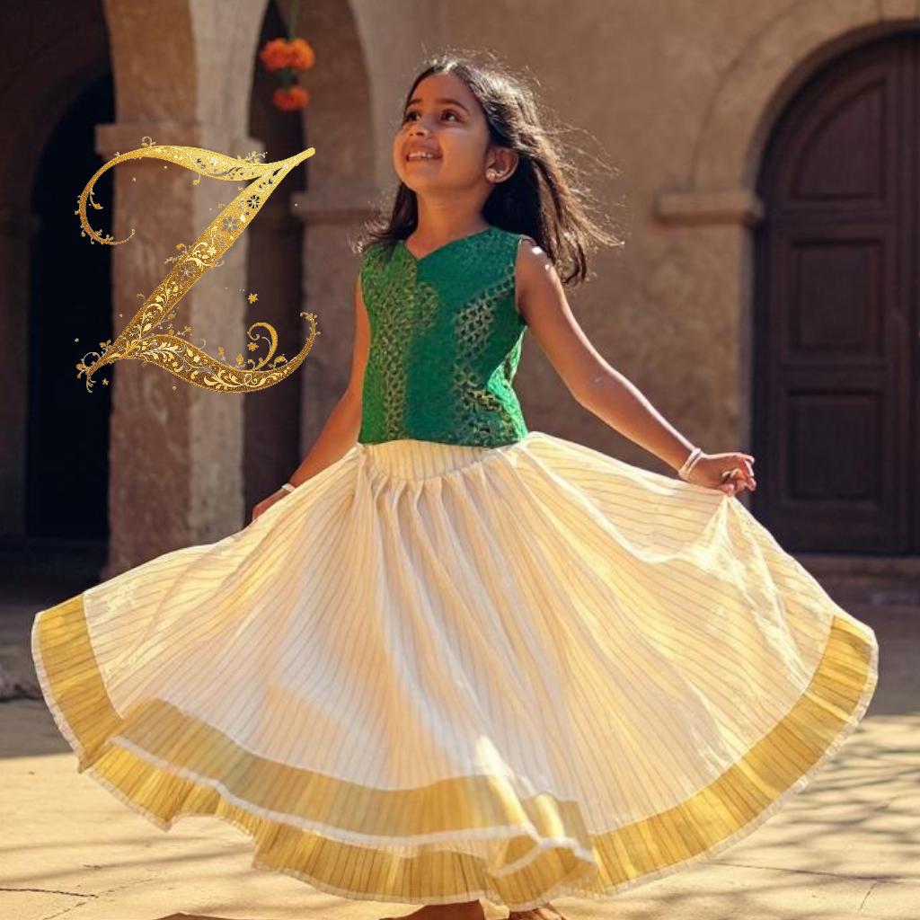 Kids Pattupavada with Purple, Green coloured Brocade Blouse