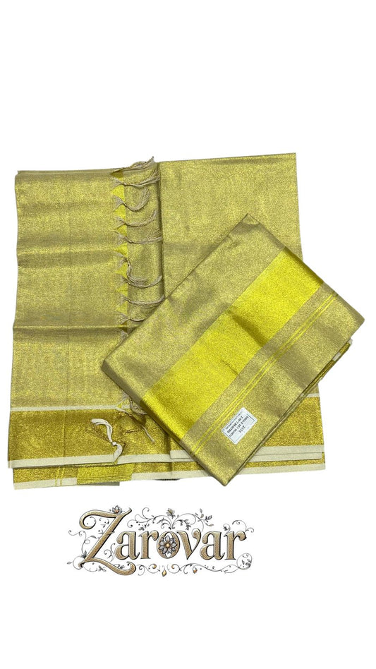 Golden Tissue silk Glow Fancy Set Mundu with 2-inch Border Elegance