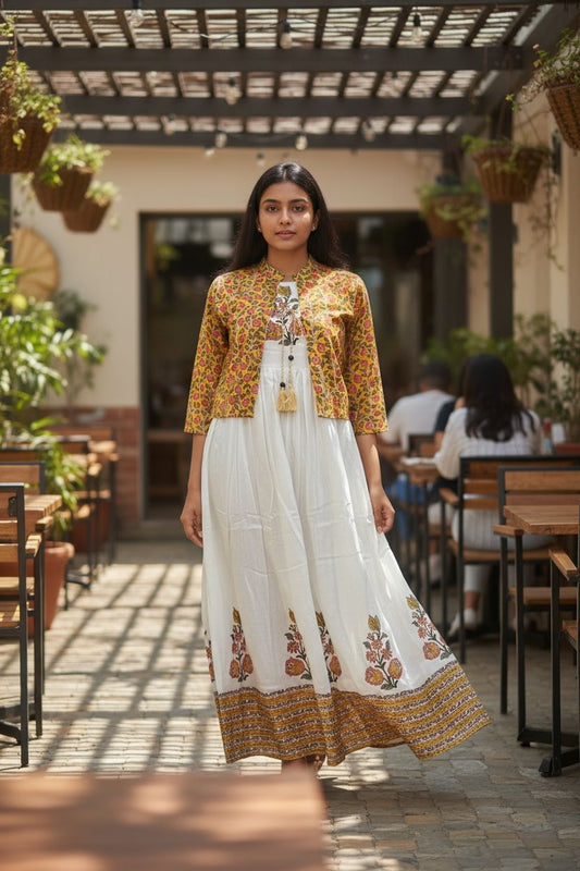 Off-White Mal Cotton Kurti/Dress Set with Printed Shrug