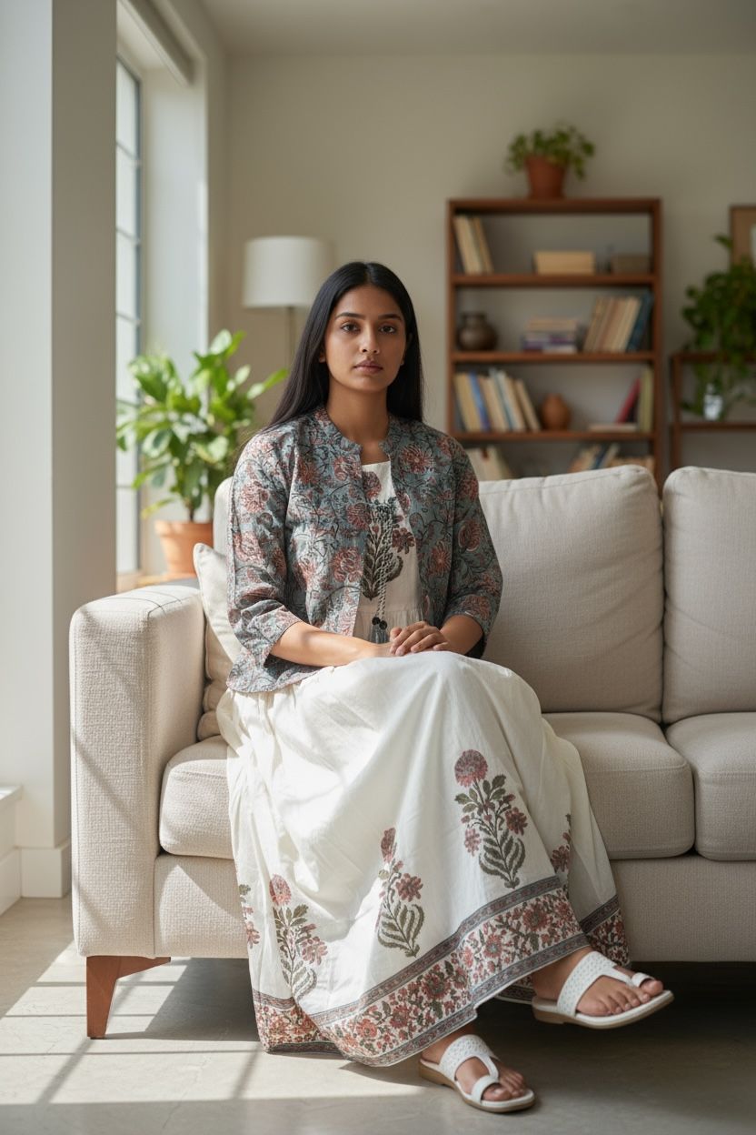 Off-White Mal Cotton Kurti/Dress Set with Printed Shrug