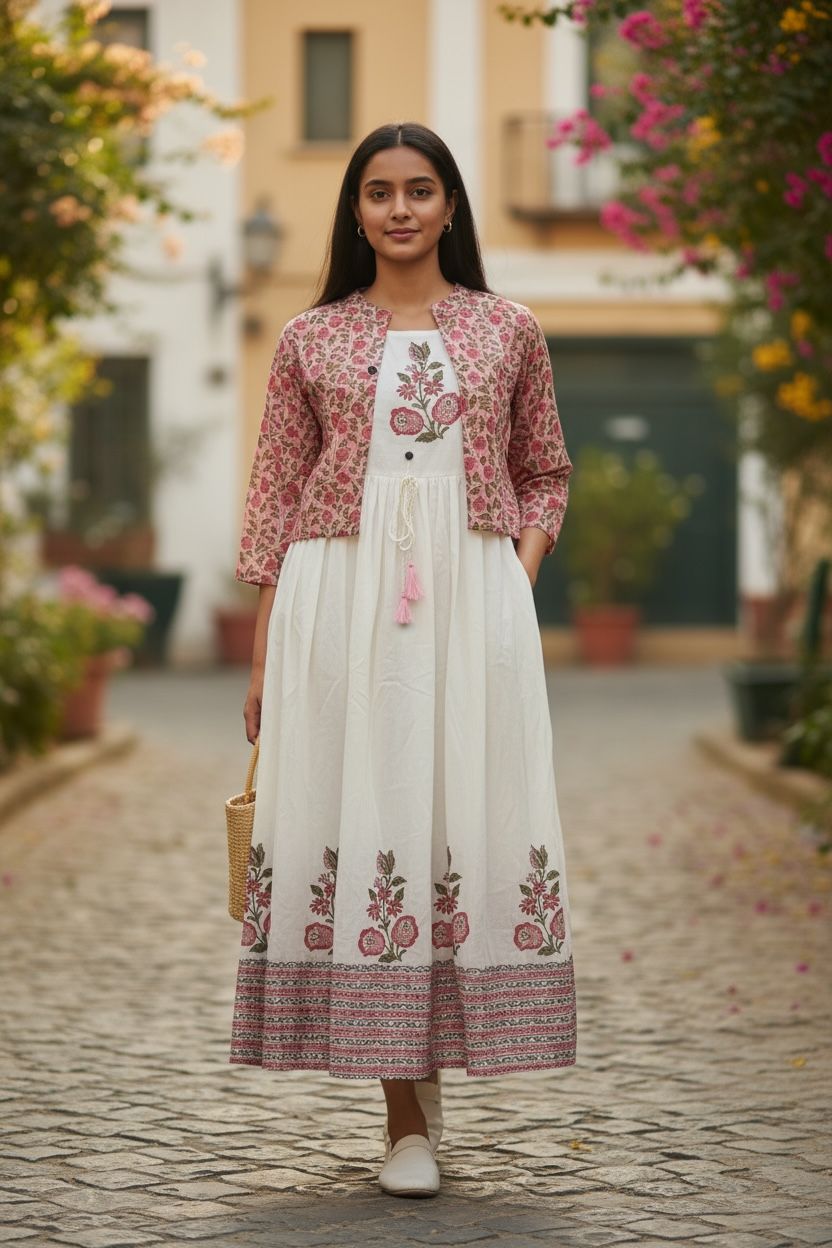 Off-White Mal Cotton Kurti/Dress Set with Printed Shrug