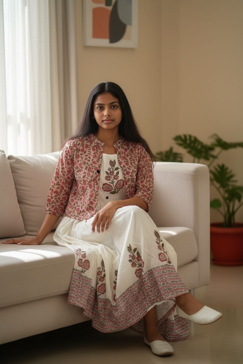 Off-White Mal Cotton Kurti/Dress Set with Printed Shrug