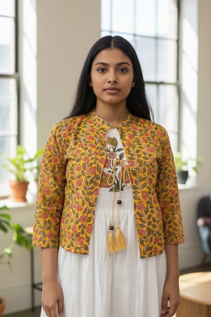 Off-White Mal Cotton Kurti/Dress Set with Printed Shrug