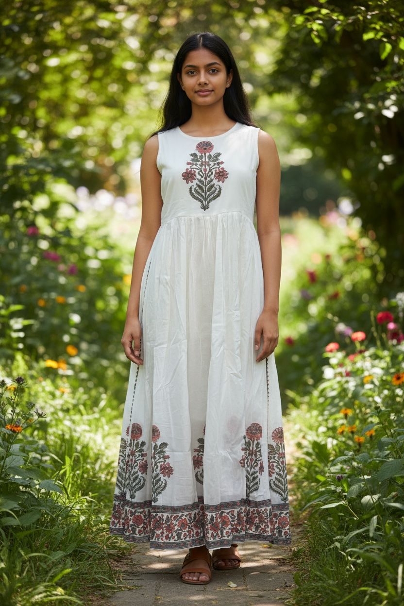 Off-White Mal Cotton Kurti/Dress Set with Printed Shrug