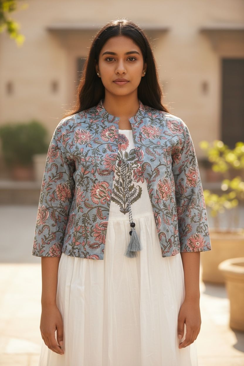 Off-White Mal Cotton Kurti/Dress Set with Printed Shrug