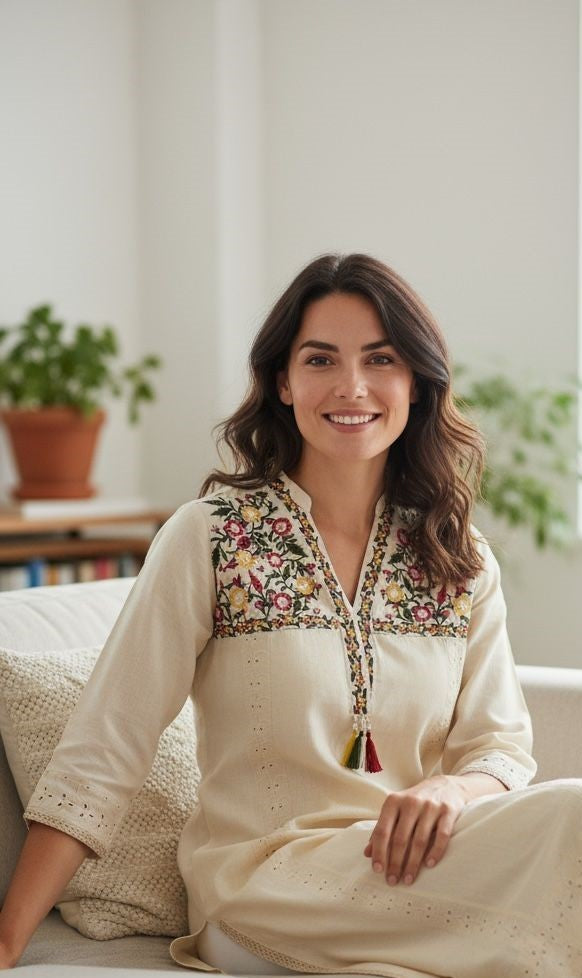 Pure Khadi Cotton Fabric Cream Kurta Set for Women |