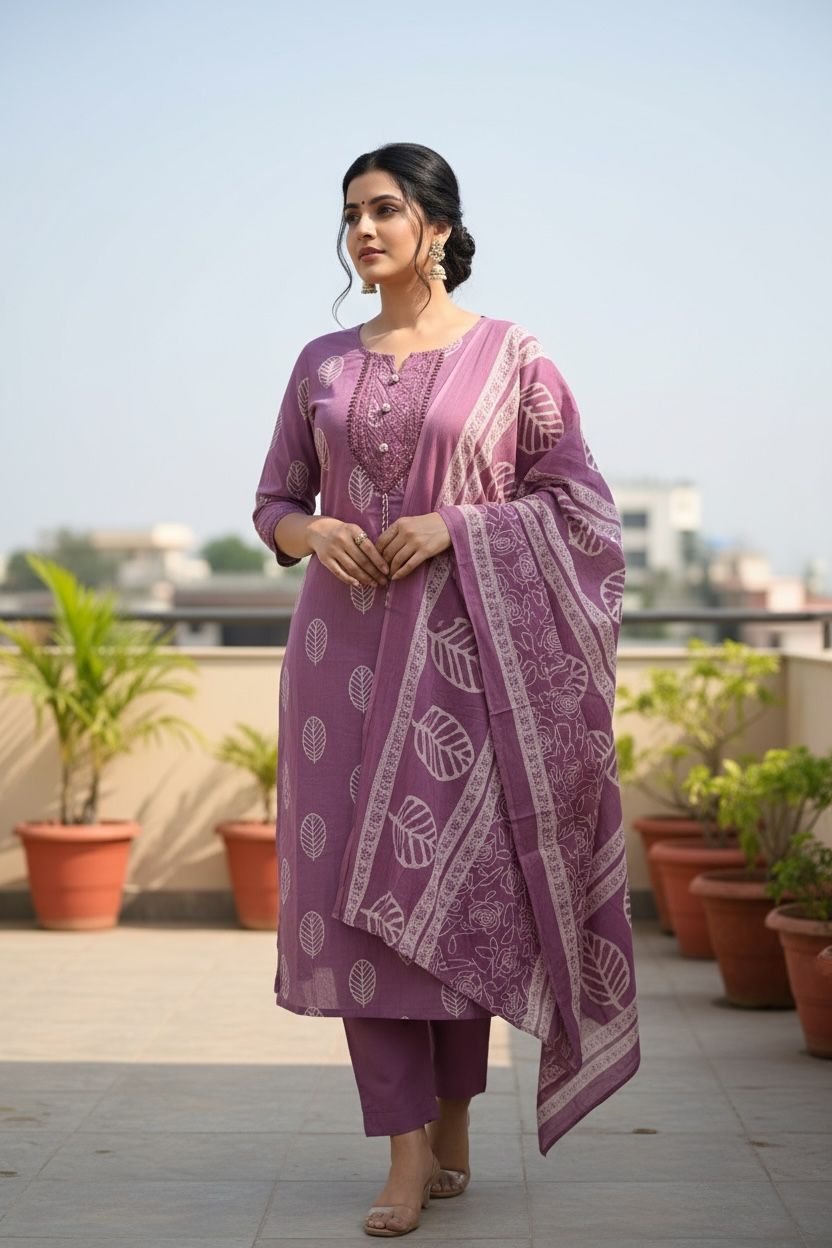 Purple leaf printed cotton daily wear kurti set with thread work straight pant and cotton mul dupatta