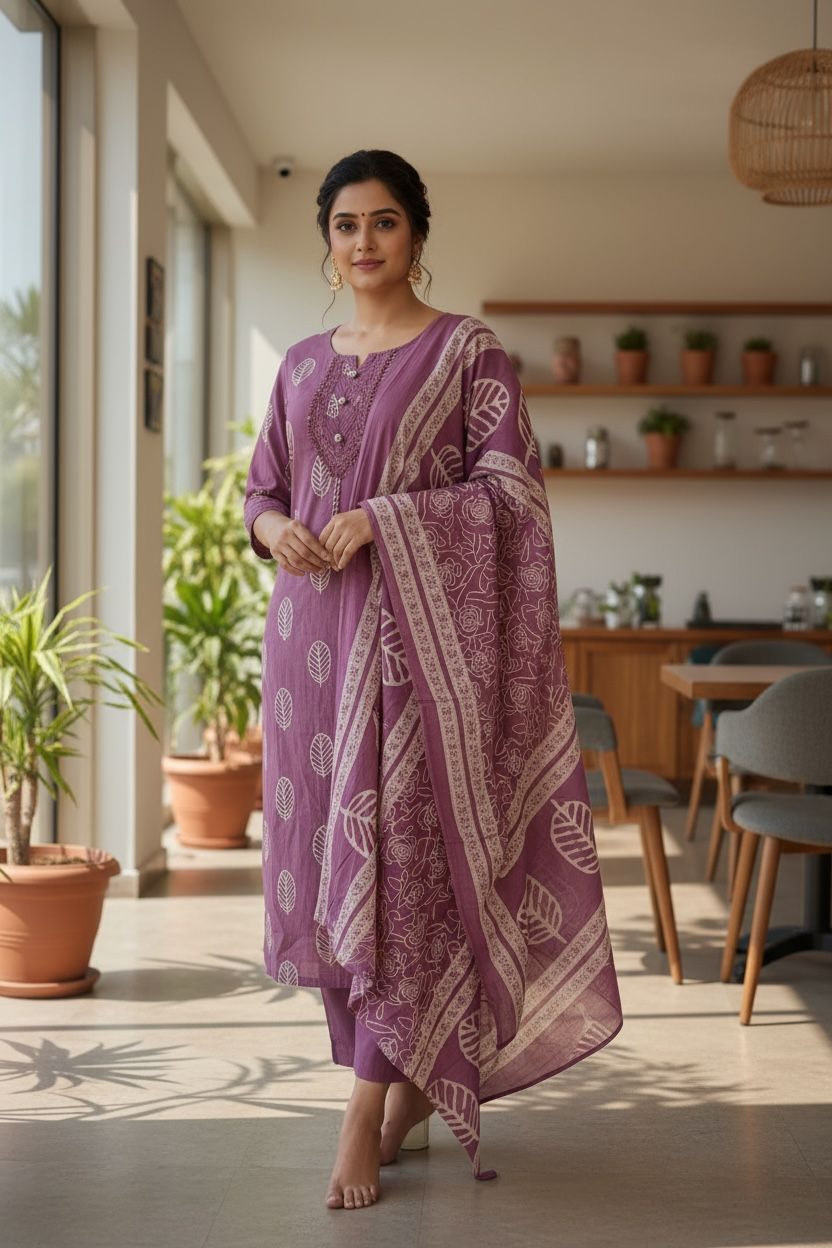 Purple leaf printed cotton daily wear kurti set with thread work straight pant and cotton mul dupatta
