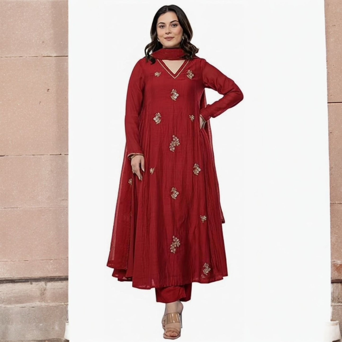 Embroideried Solid Anarkali Kurta and Pant Set with Dupatta