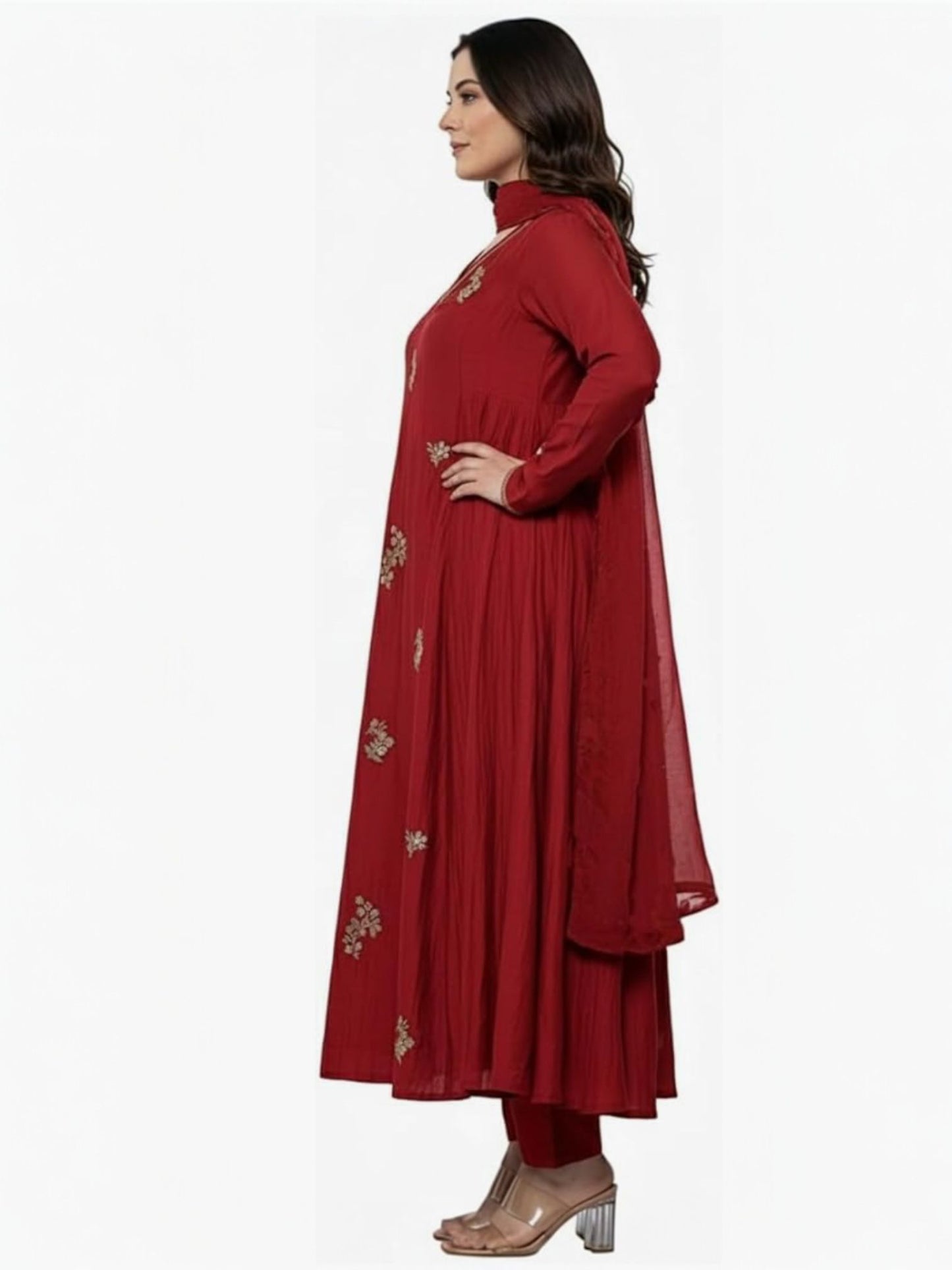 Embroideried Solid Anarkali Kurta and Pant Set with Dupatta