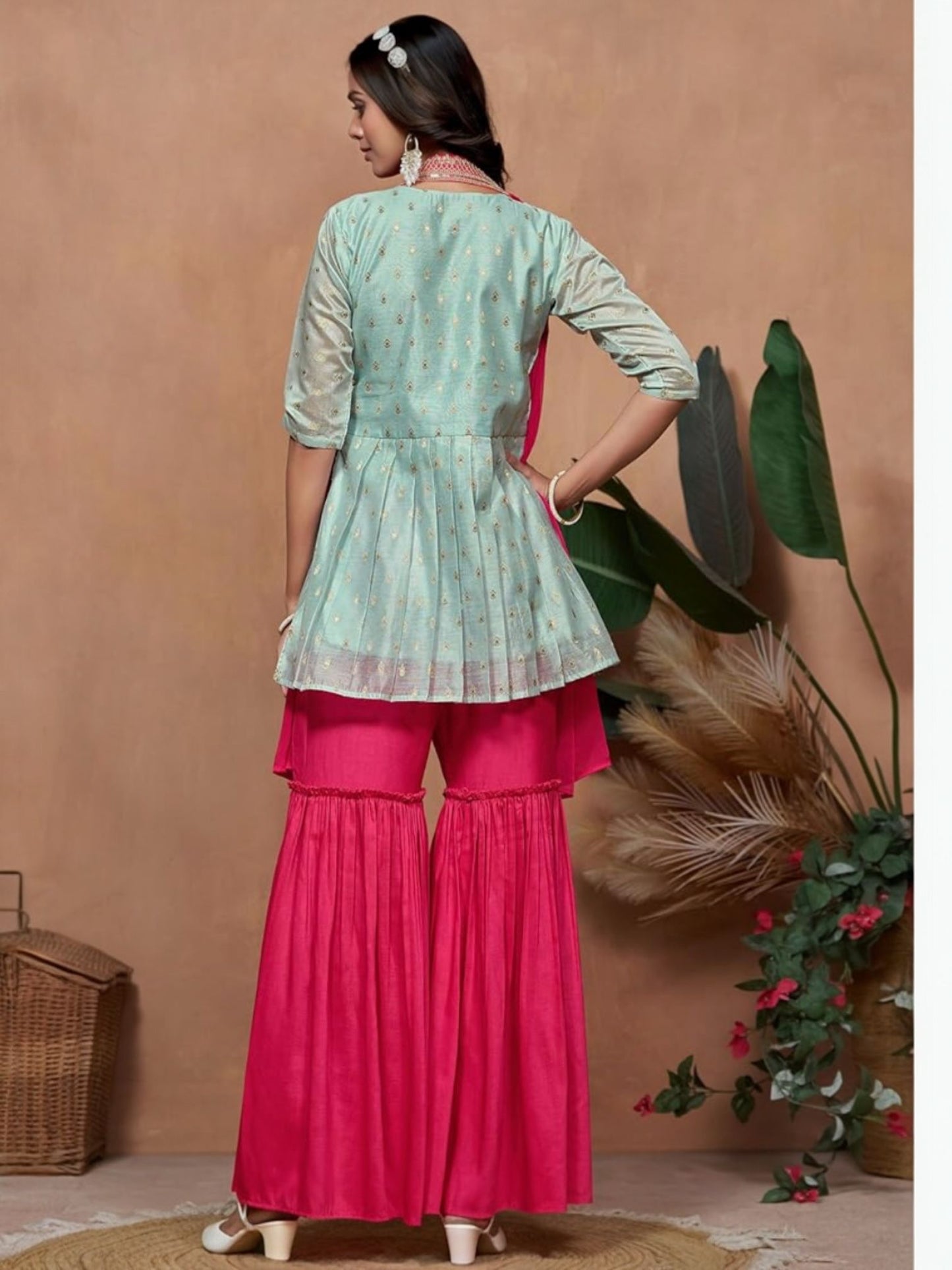 Womens Chanderi Silk Embroidered A-Line Kurta with Sharara & Dupatta | sharara Set