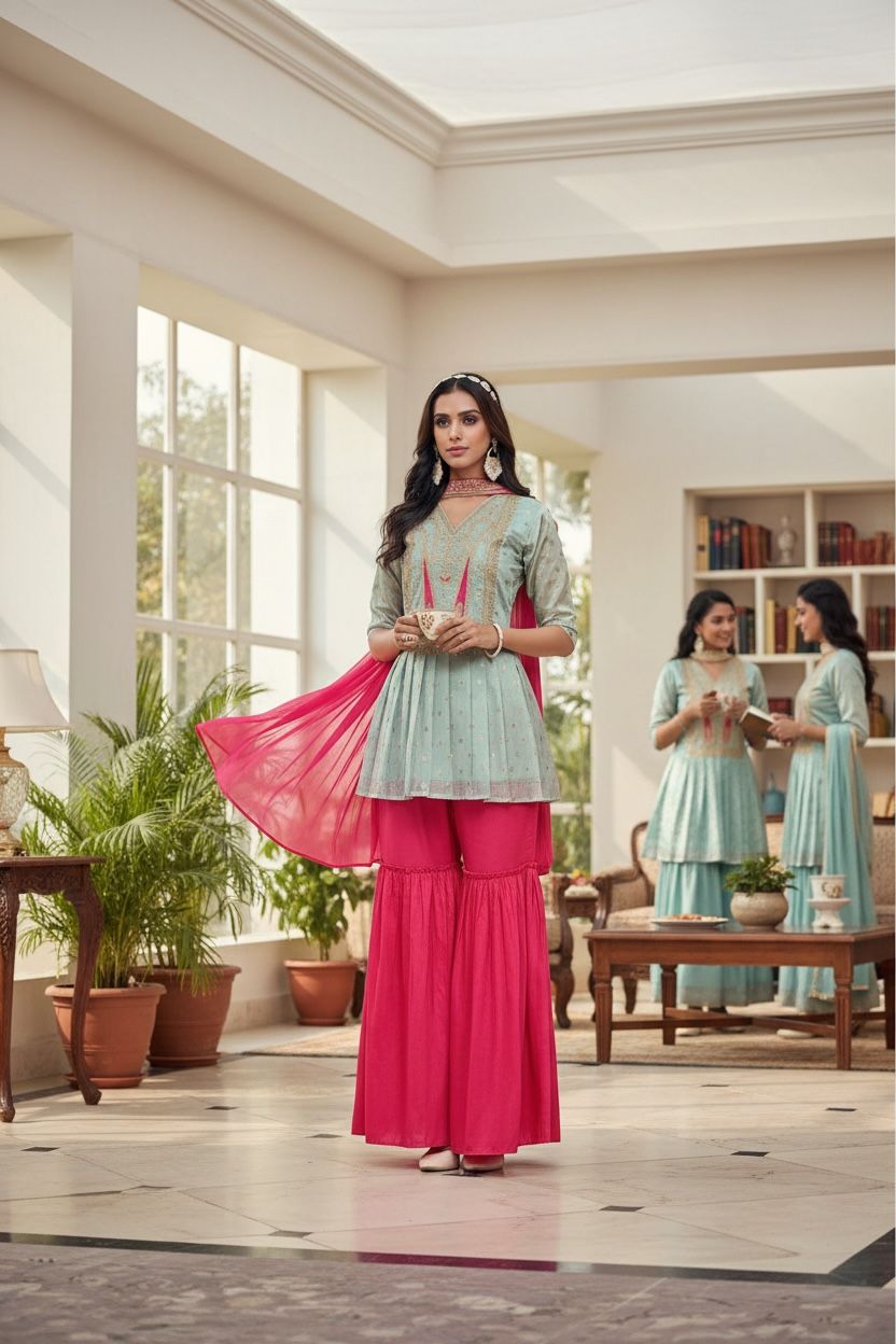 Womens Chanderi Silk Embroidered A-Line Kurta with Sharara & Dupatta | sharara Set