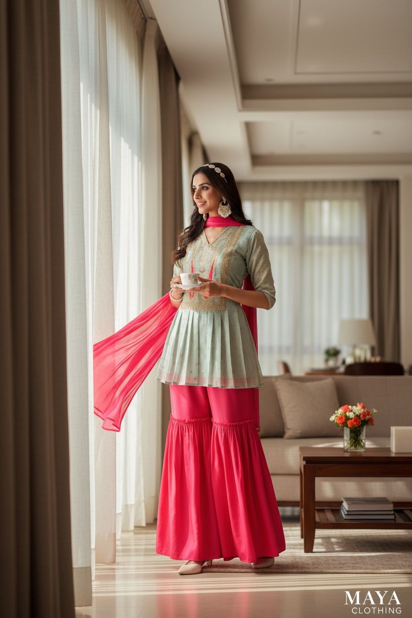 Womens Chanderi Silk Embroidered A-Line Kurta with Sharara & Dupatta | sharara Set