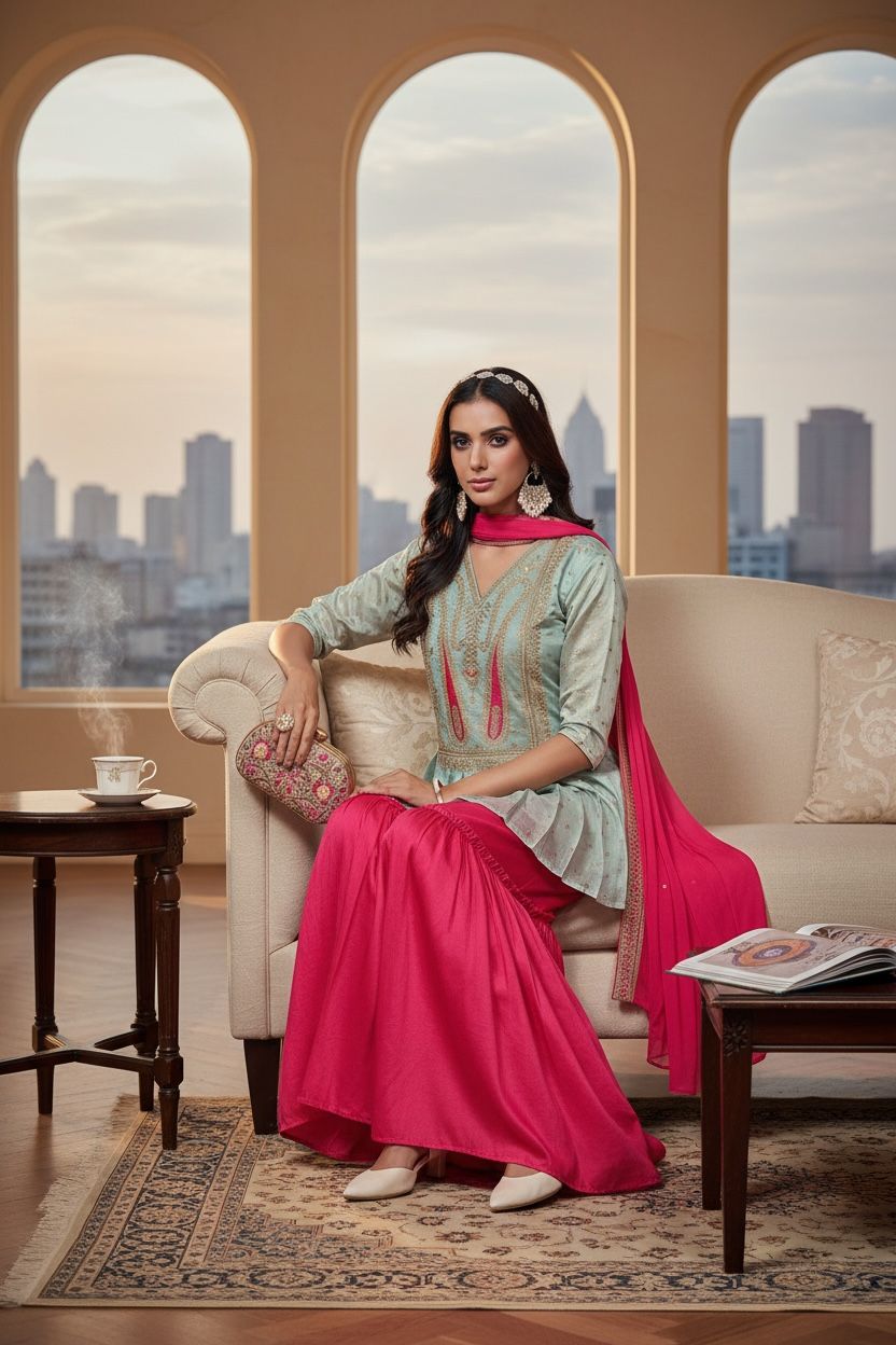 Womens Chanderi Silk Embroidered A-Line Kurta with Sharara & Dupatta | sharara Set