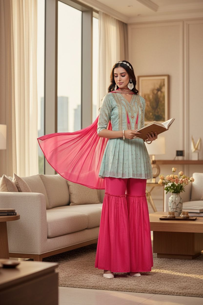 Womens Chanderi Silk Embroidered A-Line Kurta with Sharara & Dupatta | sharara Set