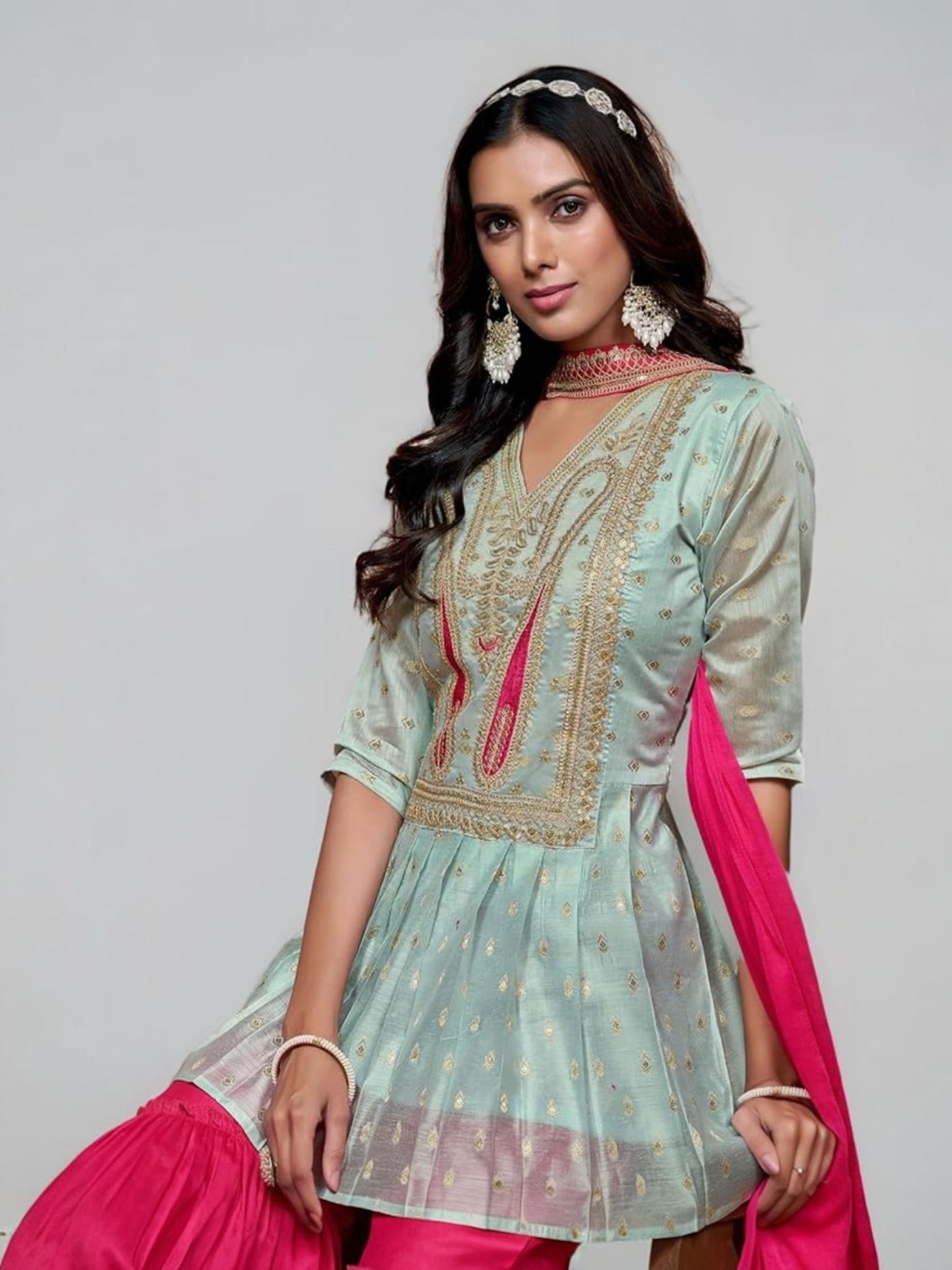 Womens Chanderi Silk Embroidered A-Line Kurta with Sharara & Dupatta | sharara Set