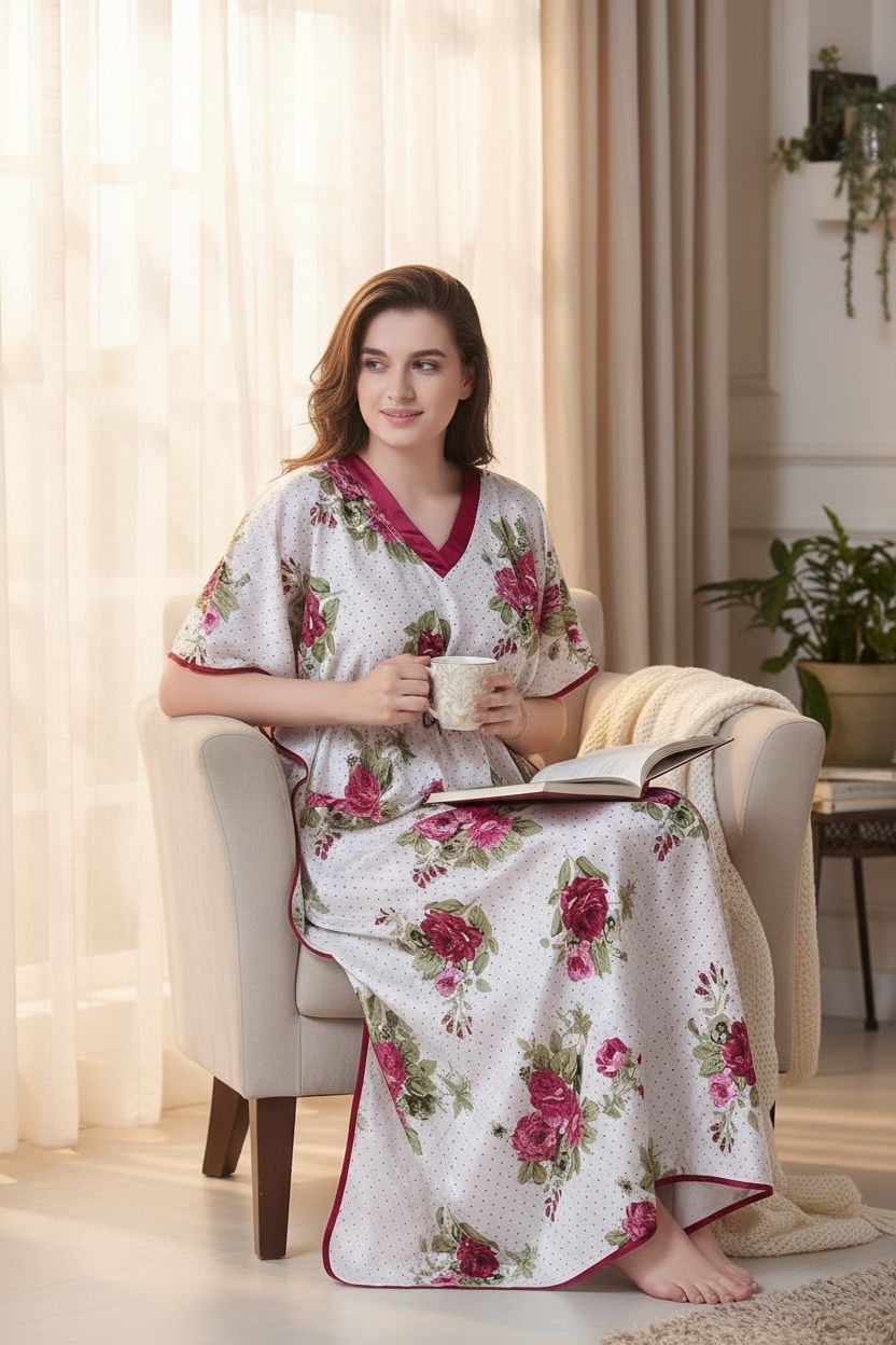 Floral Satin Maxi Kaftan – Soft, Elegant & Ultra Comfortable Night dress