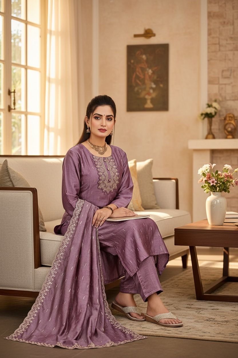 Vichitra Silk Embroidered And Sequenced Straight Kurta Set