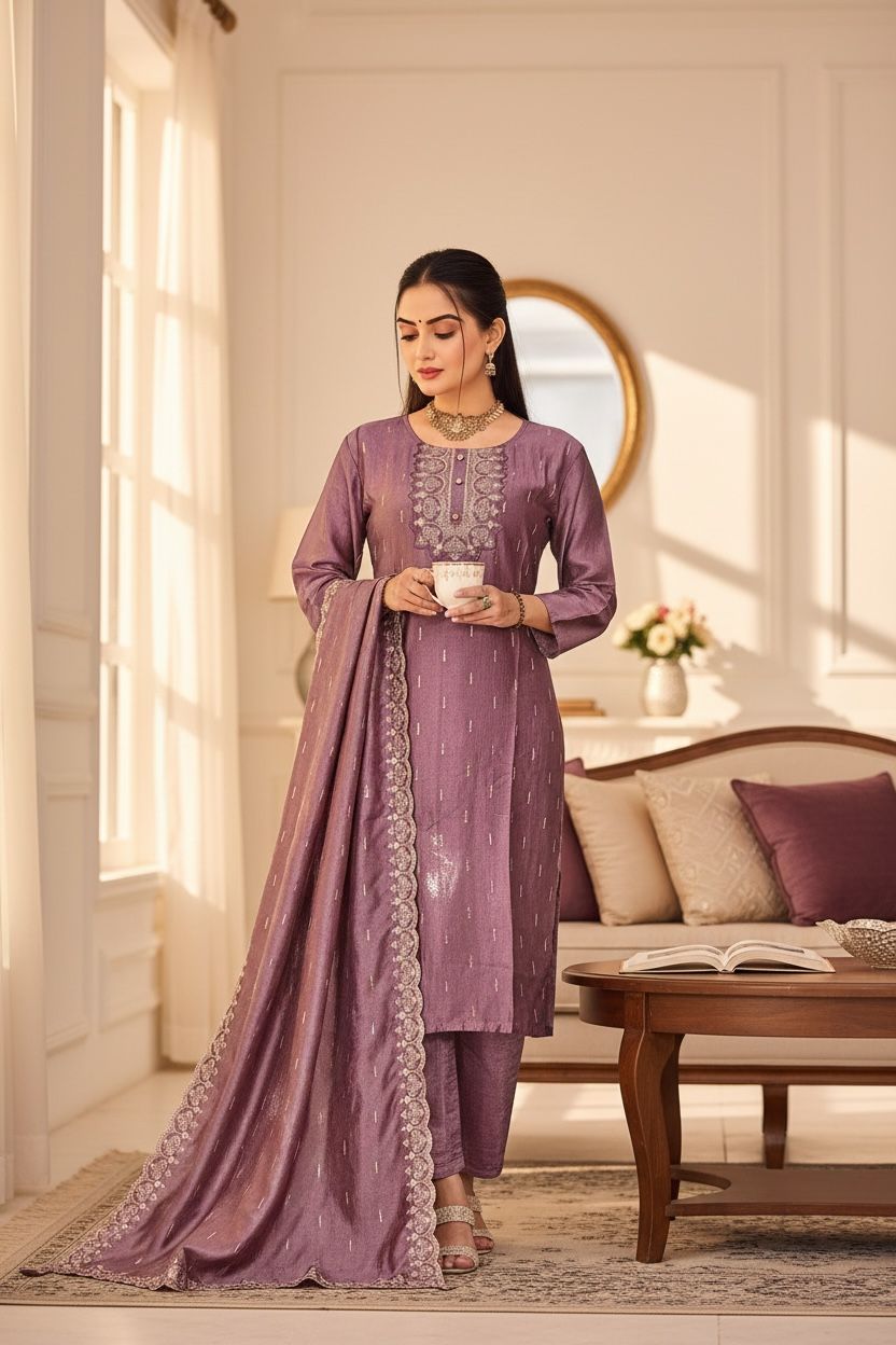 Vichitra Silk Embroidered And Sequenced Straight Kurta Set