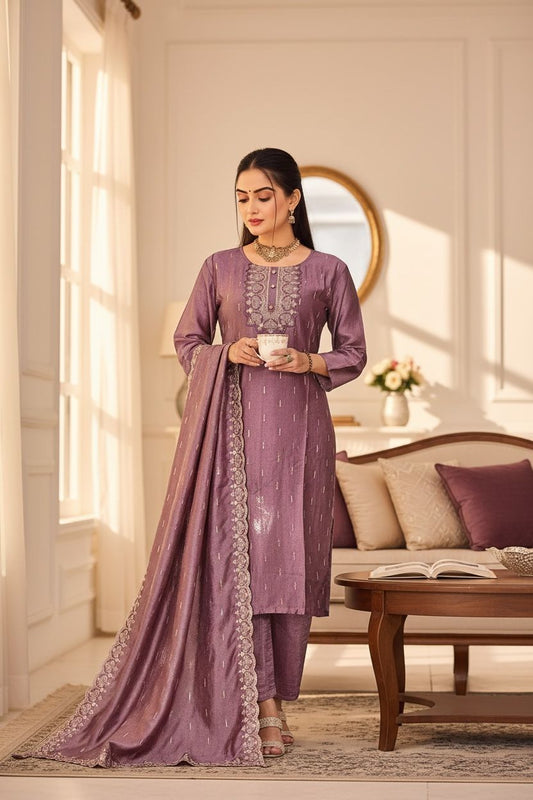 Vichitra Silk Embroidered And Sequenced Straight Kurta Set
