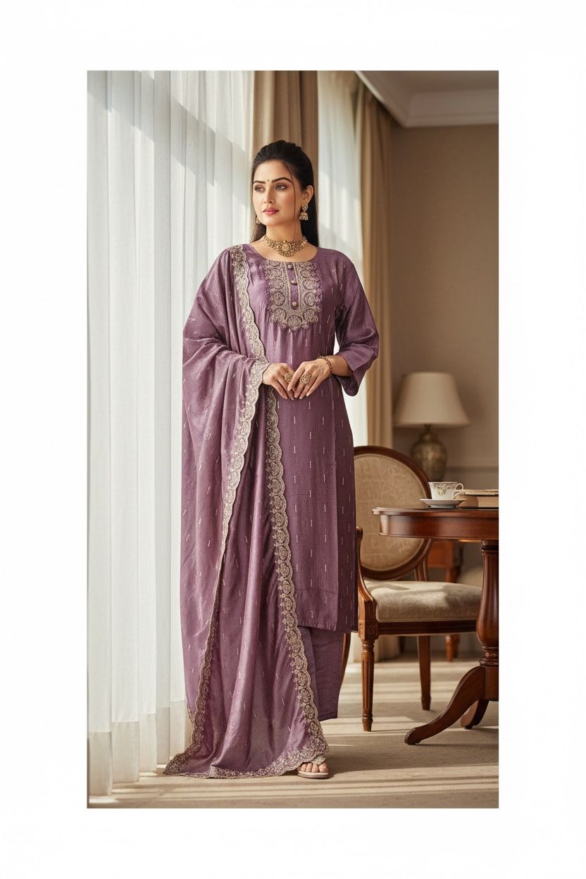 Vichitra Silk Embroidered And Sequenced Straight Kurta Set