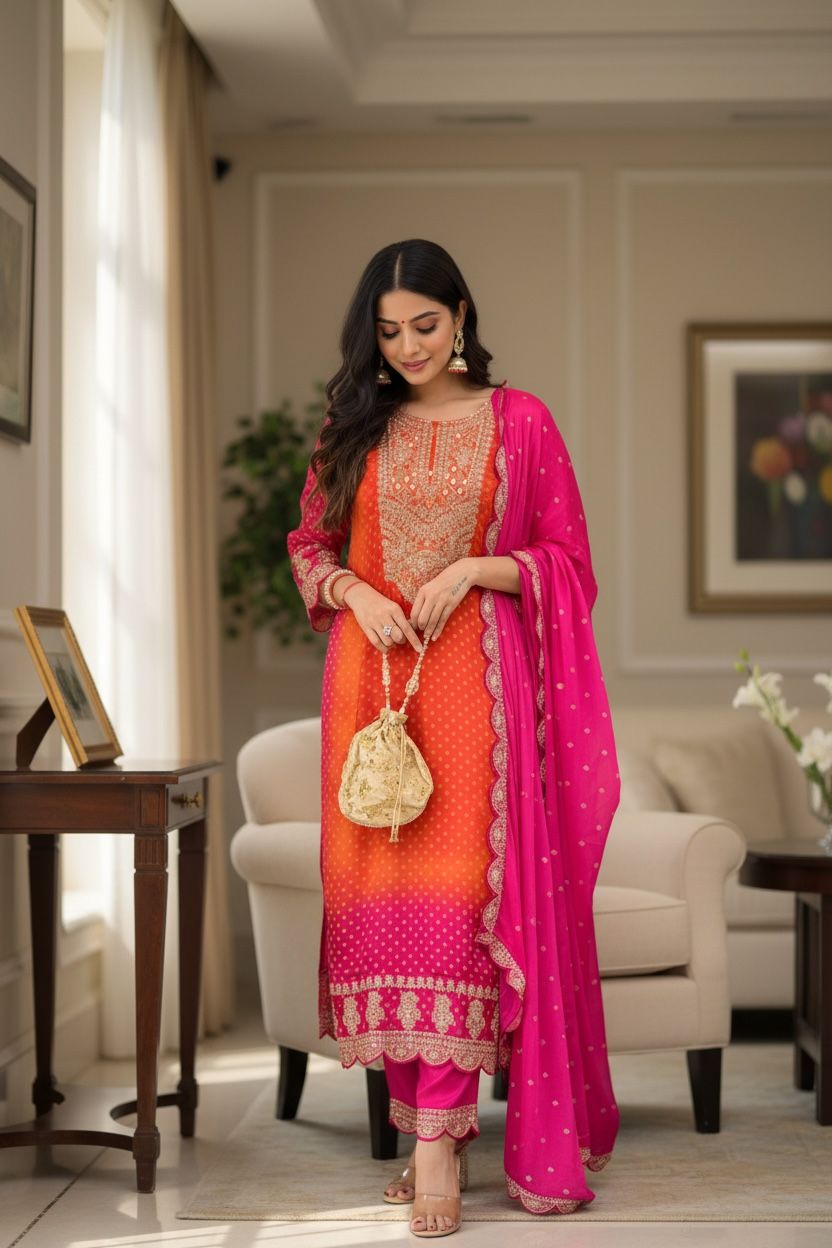 Sunset Rani Mirrorwork Suit Set